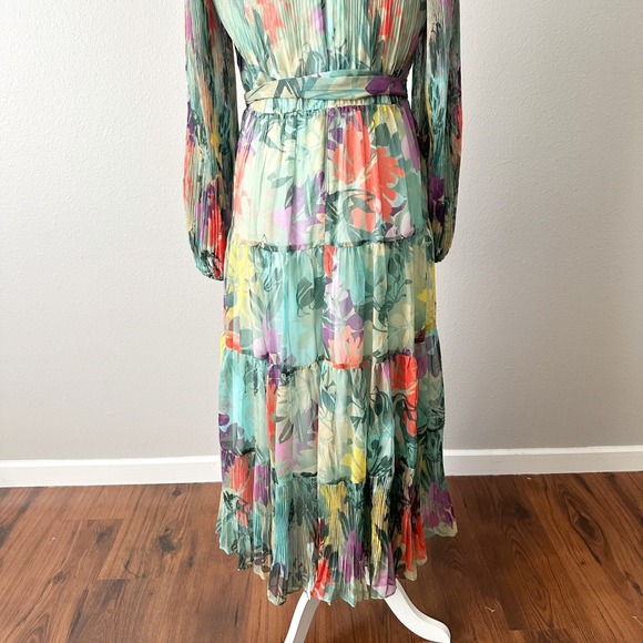 Alex‎ Marie Long Sleeve Green Floral Pleated Belted Midi Dress Women's Size 8 - Picture 7 of 12